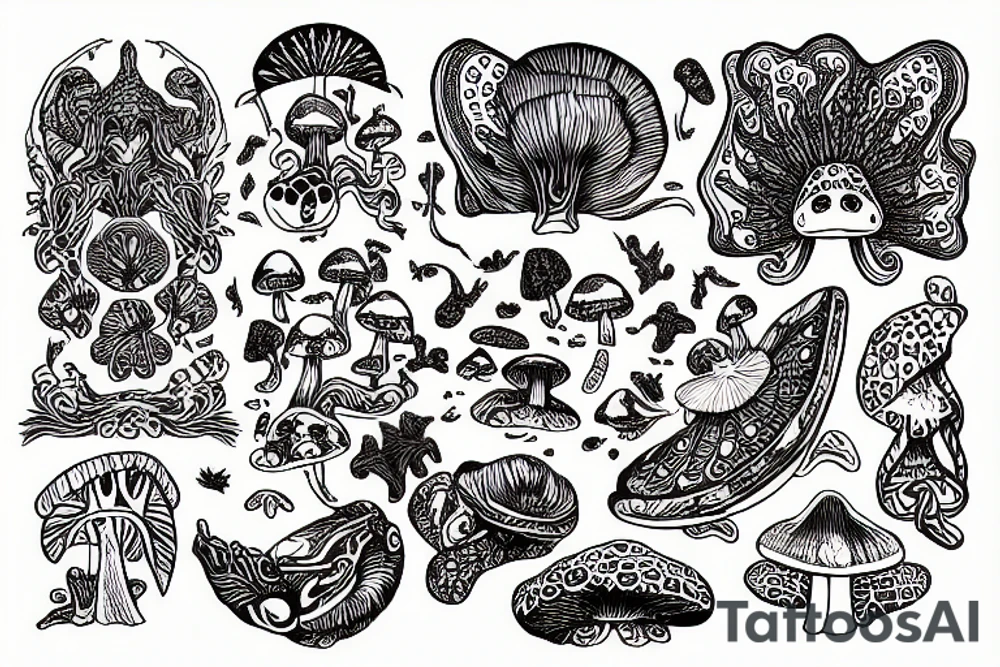 psychedelic with frogs and mushrooms tattoo idea