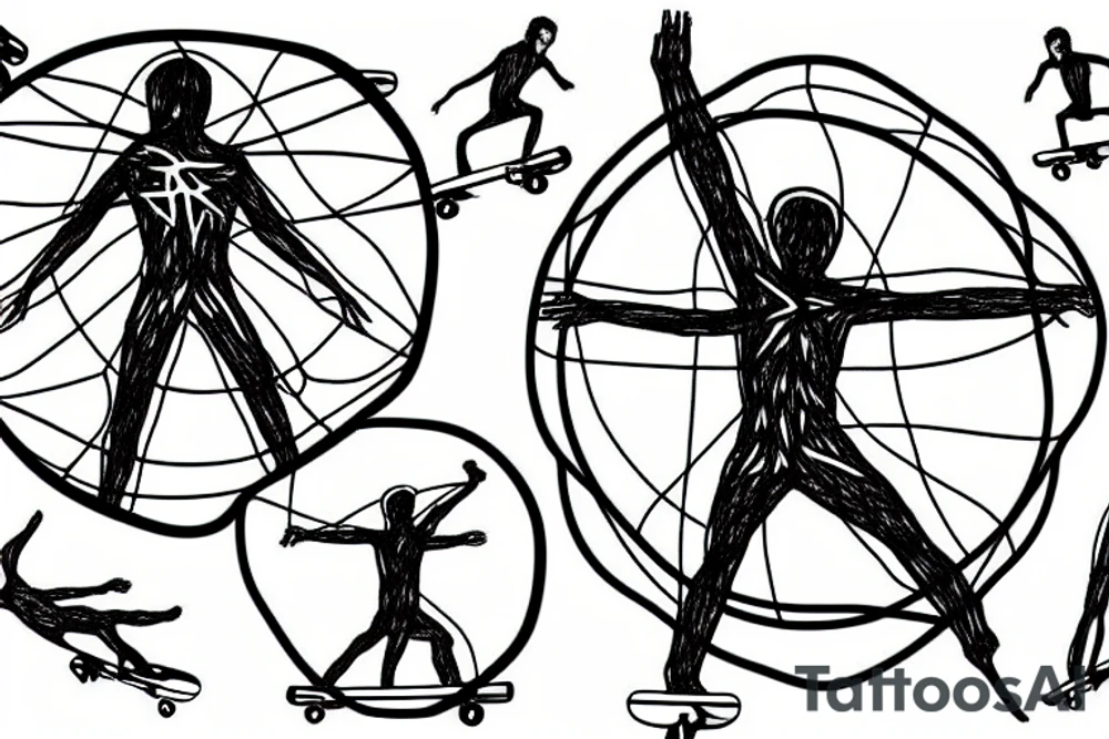 Skateboarder in motion similar to Vitruvian Man tattoo idea