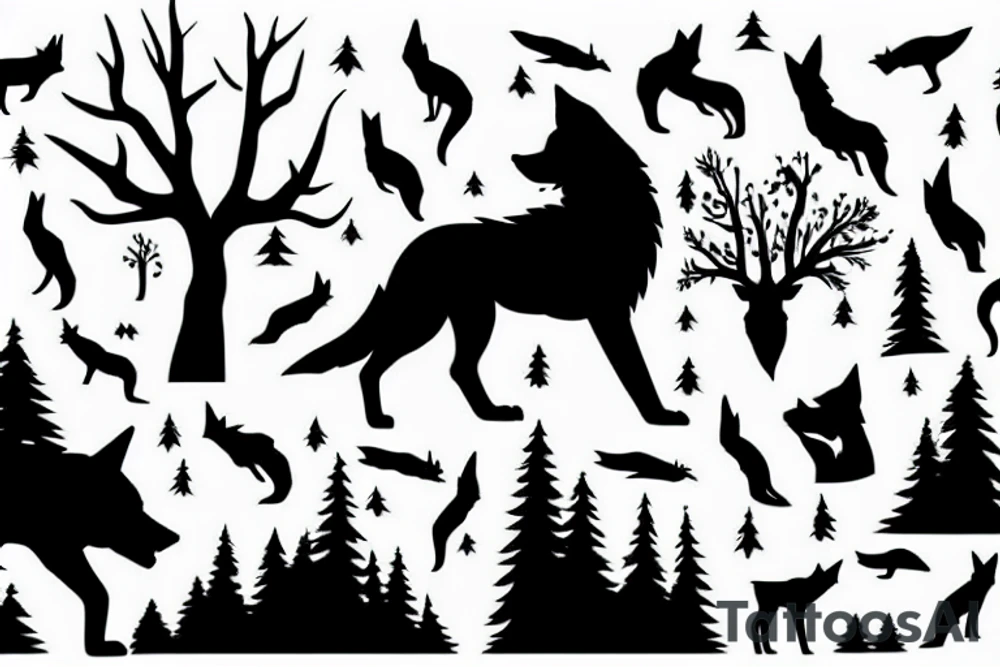 A night seen in the woods with a silhouette of wolves tattoo idea