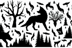 A night seen in the woods with a silhouette of wolves tattoo idea