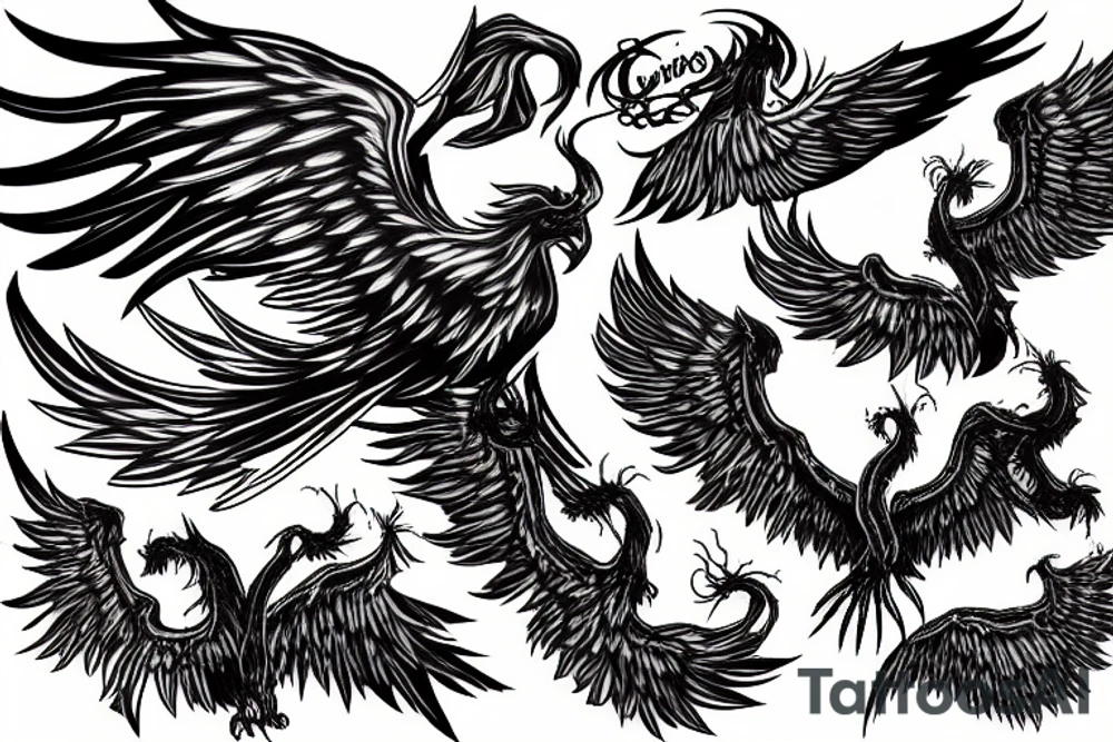 Phoenix rising from ashes of human skulls tattoo idea
