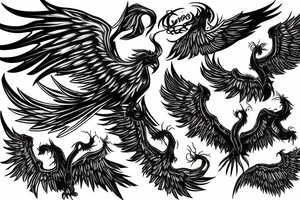Phoenix rising from ashes of human skulls tattoo idea