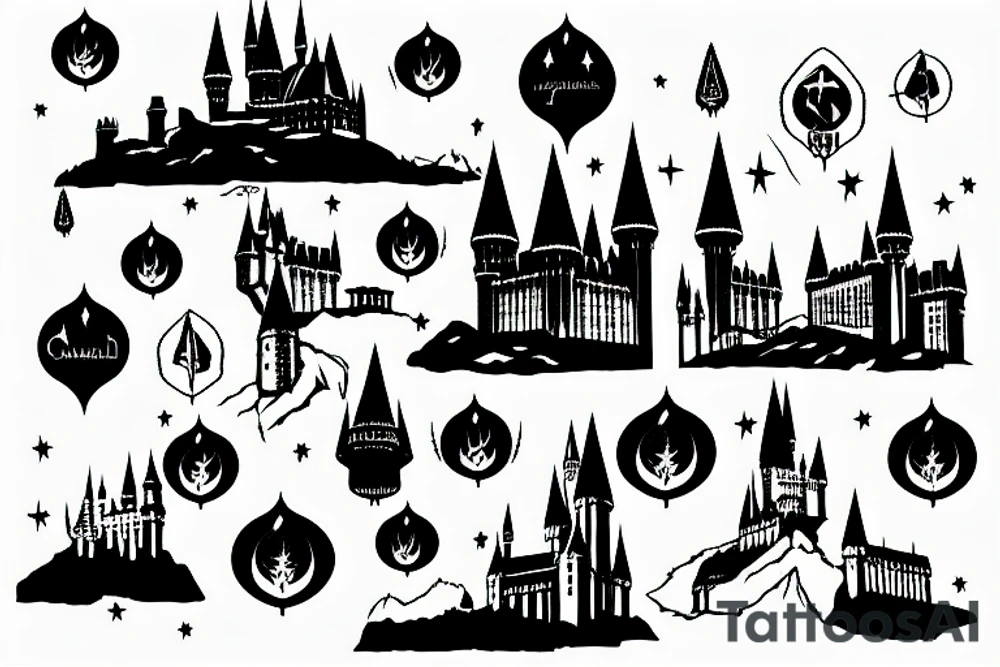 Hogwarts castle set in a starry night sky with a lake below it and lanterns on the water tattoo idea