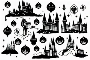 Hogwarts castle set in a starry night sky with a lake below it and lanterns on the water tattoo idea