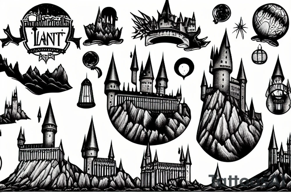 Hogwarts castle set in a starry night sky with a lake below it and lanterns on the water tattoo idea