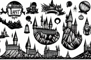 Hogwarts castle set in a starry night sky with a lake below it and lanterns on the water tattoo idea