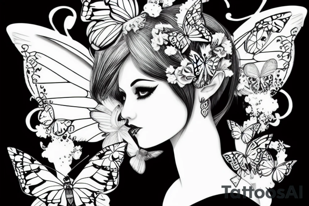 lady's head with butterfly wings and elf ears tattoo idea
