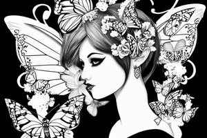 lady's head with butterfly wings and elf ears tattoo idea