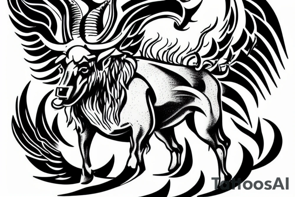 minotaur standing above a maze with flames and wings floating in the sky tattoo idea