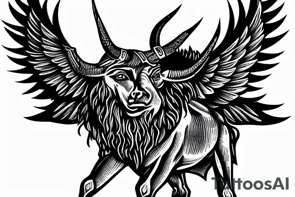 minotaur standing above a maze with flames and wings floating in the sky tattoo idea