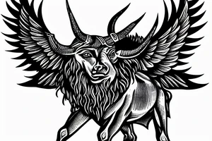 minotaur standing above a maze with flames and wings floating in the sky tattoo idea