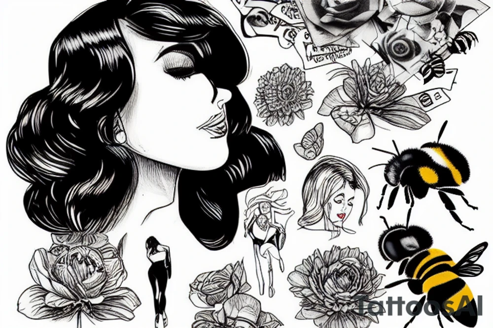 A sexy woman hitting a bumblebee with a newspaper tattoo idea