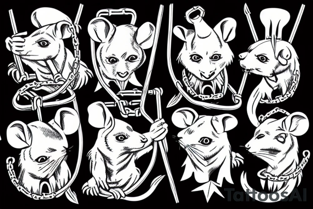 Medieval crest style of four rats with pitchforks poking a chained egal tattoo idea