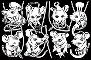 Medieval crest style of four rats with pitchforks poking a chained egal tattoo idea
