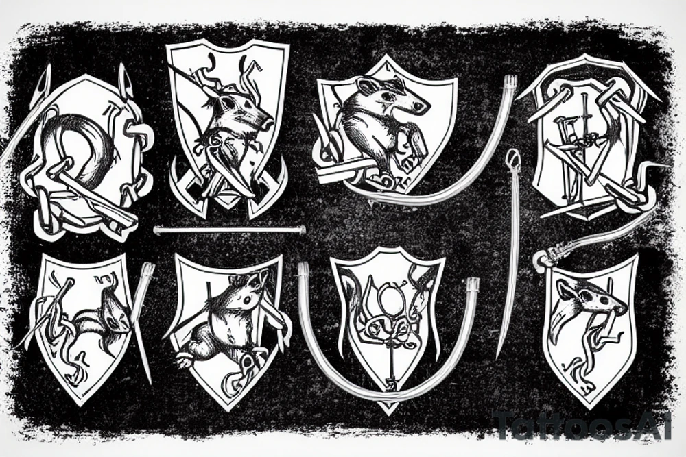 Medieval crest style of four rats with pitchforks poking a chained egal tattoo idea