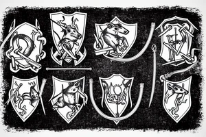 Medieval crest style of four rats with pitchforks poking a chained egal tattoo idea