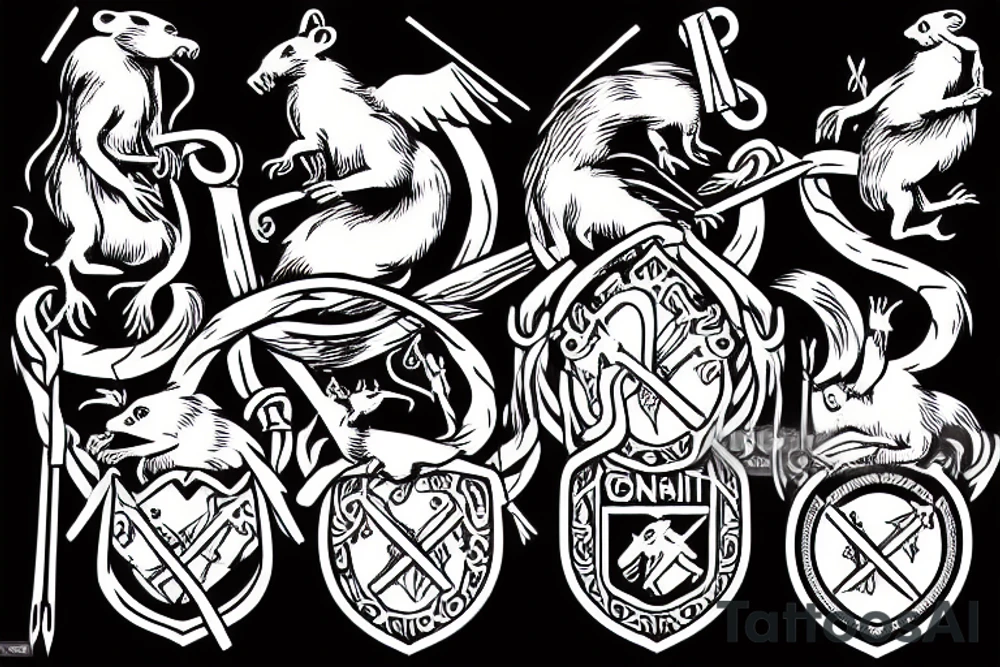 Medieval crest style of four rats with pitchforks poking a chained eagle tattoo idea