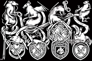 Medieval crest style of four rats with pitchforks poking a chained eagle tattoo idea