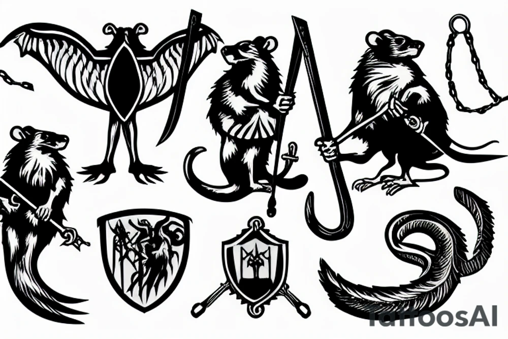 Medieval crest style of four rats with pitchforks poking a chained eagle tattoo idea