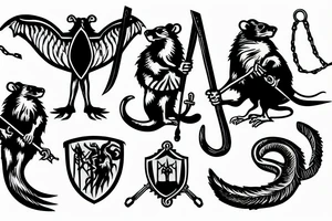Medieval crest style of four rats with pitchforks poking a chained eagle tattoo idea