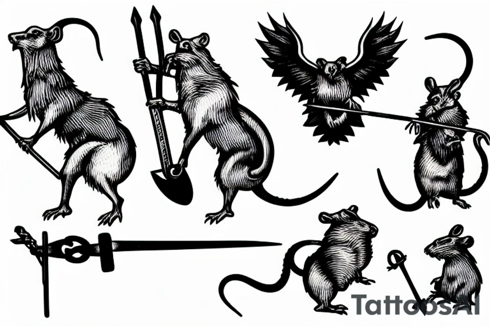 Medieval crest style of four rats with pitchforks poking a chained eagle tattoo idea