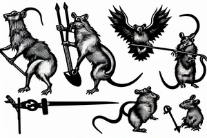 Medieval crest style of four rats with pitchforks poking a chained eagle tattoo idea