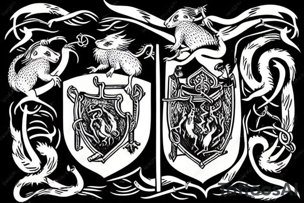 Medieval crest style of four rats with pitchforks poking a chained eagle tattoo idea