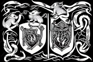 Medieval crest style of four rats with pitchforks poking a chained eagle tattoo idea