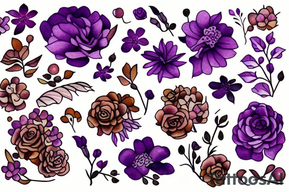 Bed of flowers in brown and purple. Small flowers and some large flowers. tattoo idea