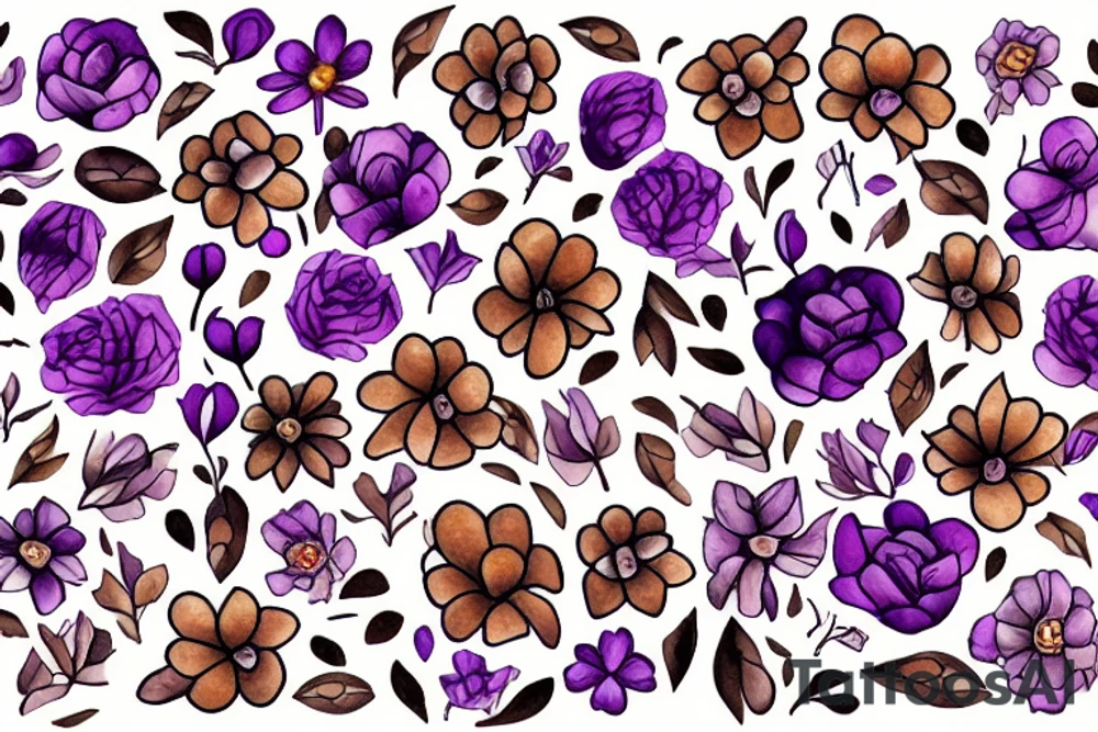 Bed of flowers in brown and purple. Small flowers and some large flowers. tattoo idea