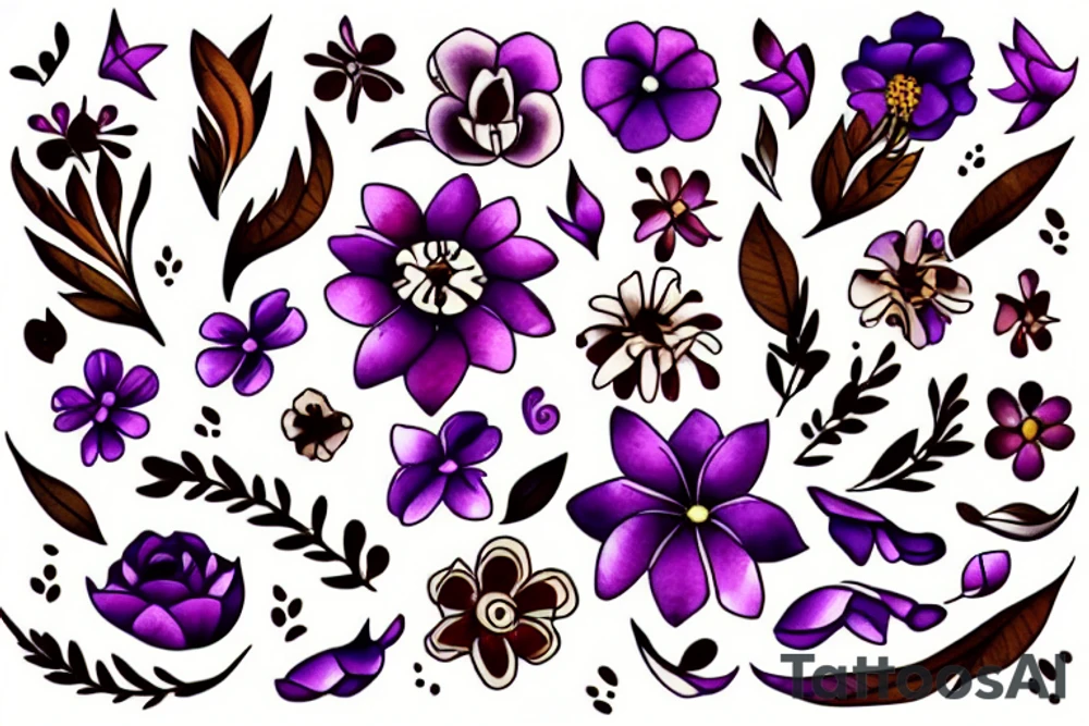 Bed of flowers in brown and purple. Small flowers and some large flowers. tattoo idea