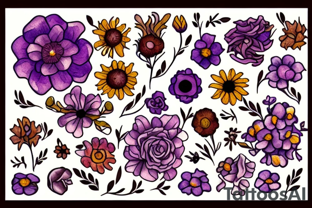 Bed of flowers in brown and purple. Small flowers and some large flowers. tattoo idea