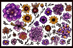 Bed of flowers in brown and purple. Small flowers and some large flowers. tattoo idea