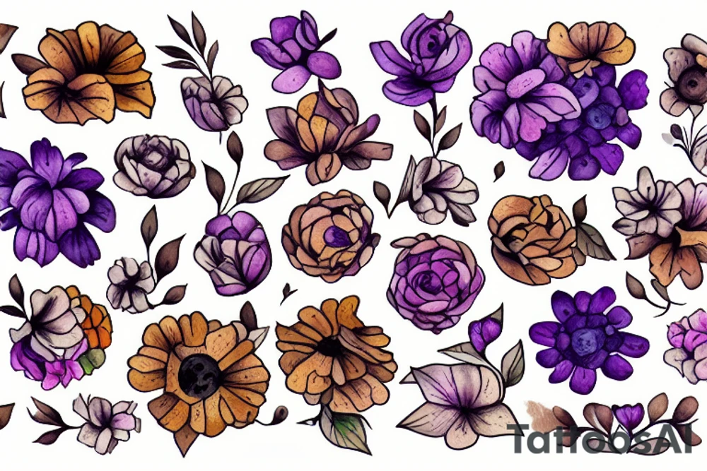 Bed of flowers in brown and purple. Small flowers and some large flowers. tattoo idea