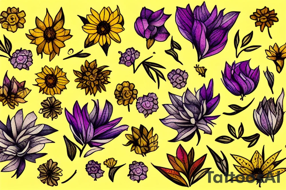 Bed of flowers in brown, yellow and purple. Small and large flowers. Many leafs. tattoo idea