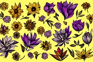 Bed of flowers in brown, yellow and purple. Small and large flowers. Many leafs. tattoo idea