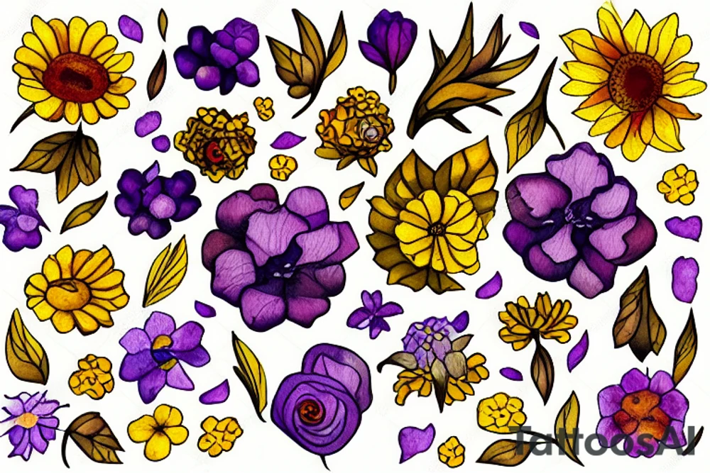 Bed of flowers in brown, yellow and purple. Small and large flowers. Many leafs. tattoo idea