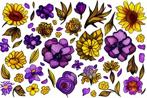 Bed of flowers in brown, yellow and purple. Small and large flowers. Many leafs. tattoo idea