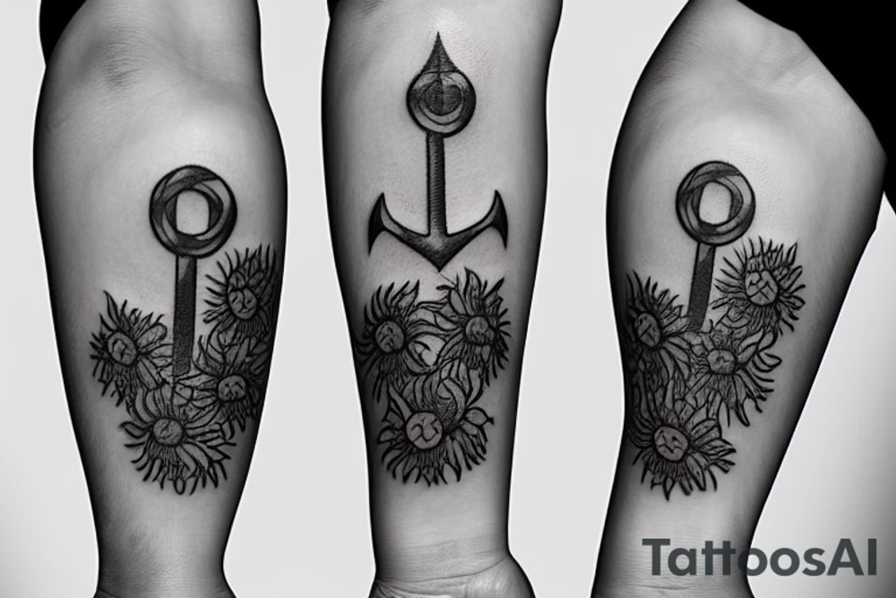 An masculine anchor and two small sunflowers tattoo idea