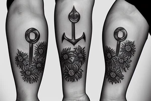 An masculine anchor and two small sunflowers tattoo idea