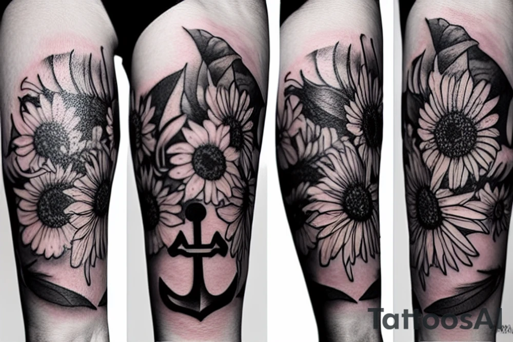 An masculine anchor and two small sunflowers tattoo idea