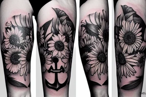 An masculine anchor and two small sunflowers tattoo idea