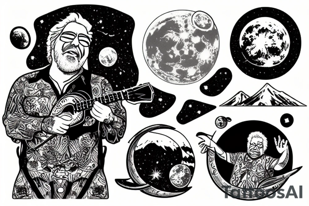 jerry garcia on the moon playing a ukelele with saturn in the background tattoo idea