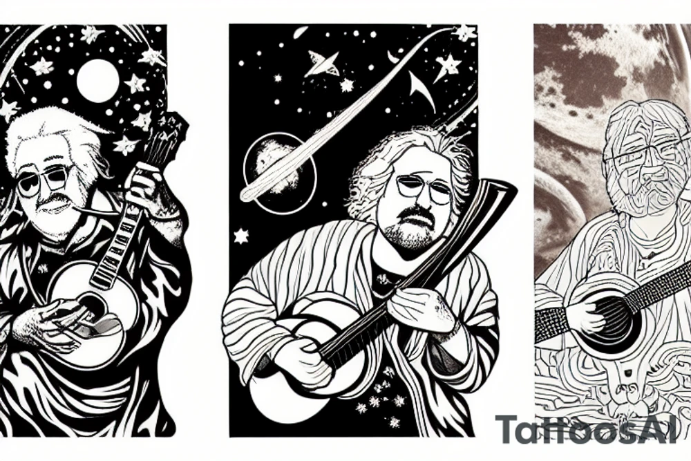 jerry garcia on the moon playing a ukelele with saturn in the background tattoo idea