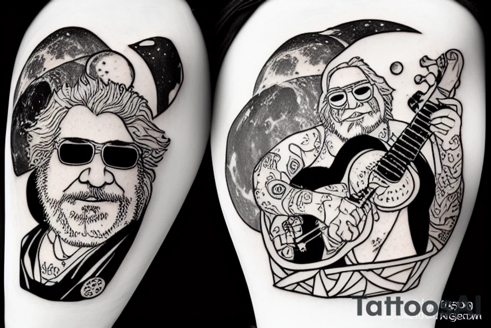 jerry garcia on the moon playing a ukelele with saturn in the background tattoo idea