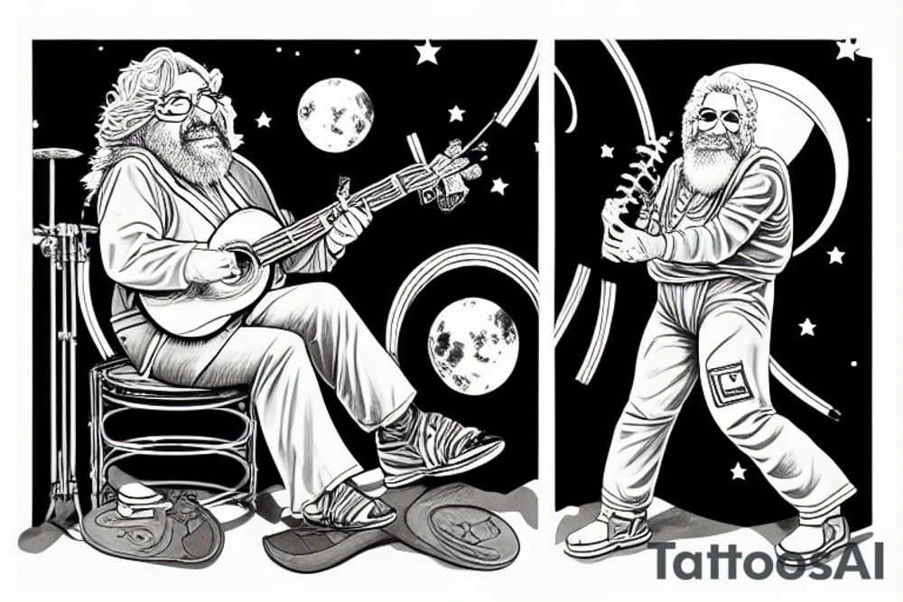 jerry garcia on the moon playing a ukelele with saturn's rings in the background tattoo idea