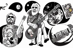 jerry garcia on the moon playing a ukelele with saturn's rings in the background tattoo idea