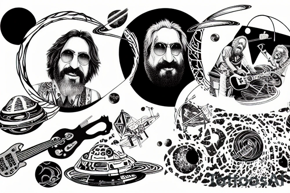 trey anastasio jerry garcia and frank zappa jamming out on the moon with saturn's rings in the background tattoo idea