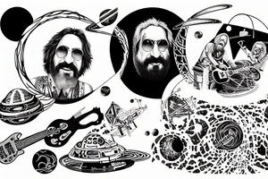 trey anastasio jerry garcia and frank zappa jamming out on the moon with saturn's rings in the background tattoo idea