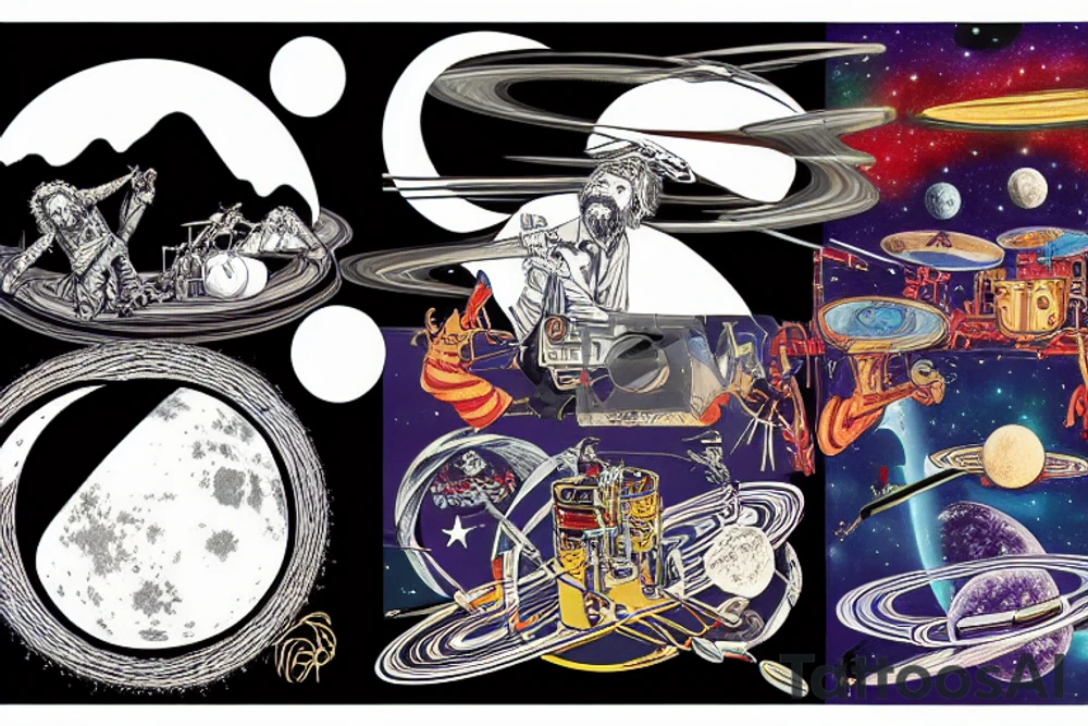 trey anastasio jerry garcia and frank zappa jamming out on the moon with saturn's rings in the background tattoo idea